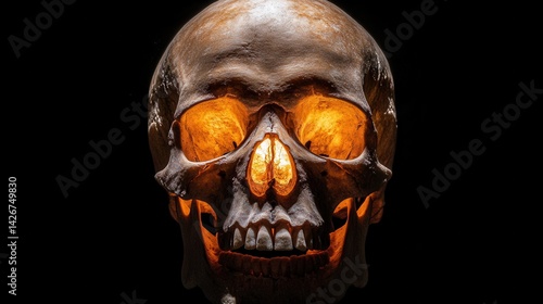 Wallpaper Mural A close-up view of a human skull illuminated from within by a warm light, highlighting its intricate bone structure and casting a dramatic glow. Torontodigital.ca