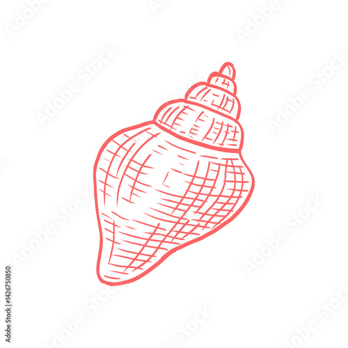 Vector illustration of hand drawn conch shell in red outline. Detailed marine seashell sketch for beach, ocean, and tropical design themes. Isolated on white background. 