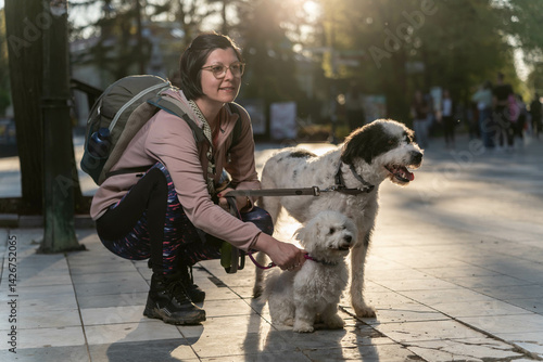 Photography Woman with two dogs at sunset