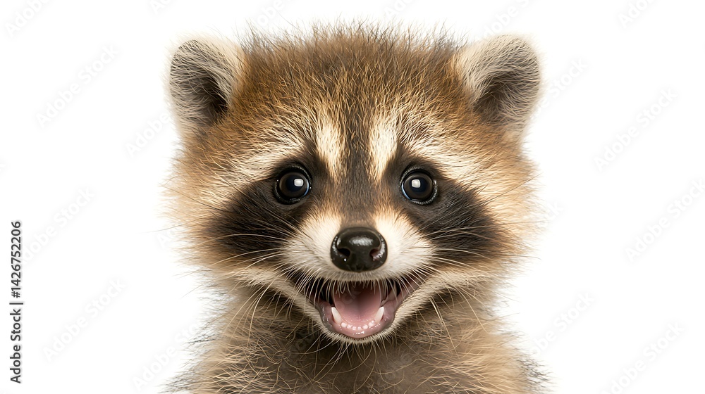 Obraz premium Adorable baby raccoon close-up, white background, happy expression, wide-open mouth