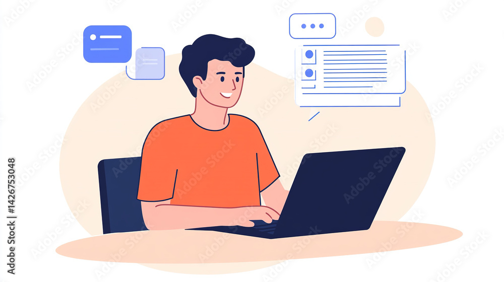 Man working on laptop with information cloud, online communication and job Man working on laptop with information cloud, online communication and job