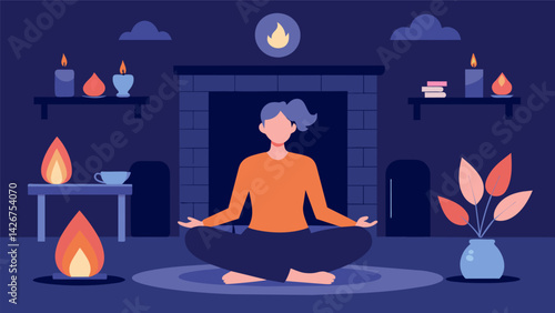 A person sitting in front of a fireplace surrounded by candles and practicing deep breathing to find inner peace.. Vector illustration