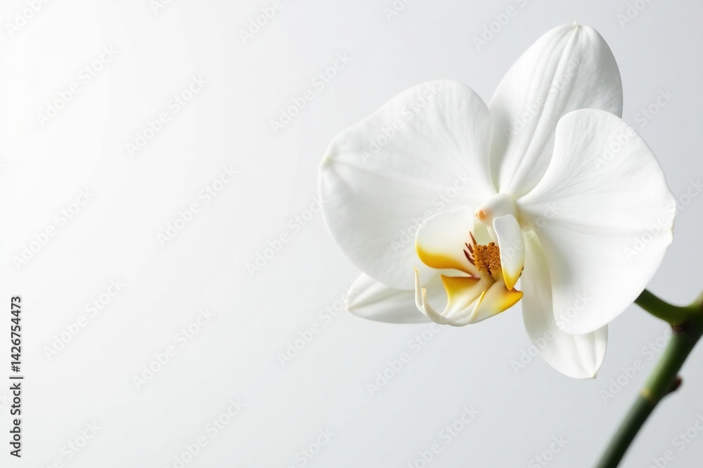 Fototapeta premium Delicate white orchid blossom against pure white background, delicate, orchid flower, blossom
