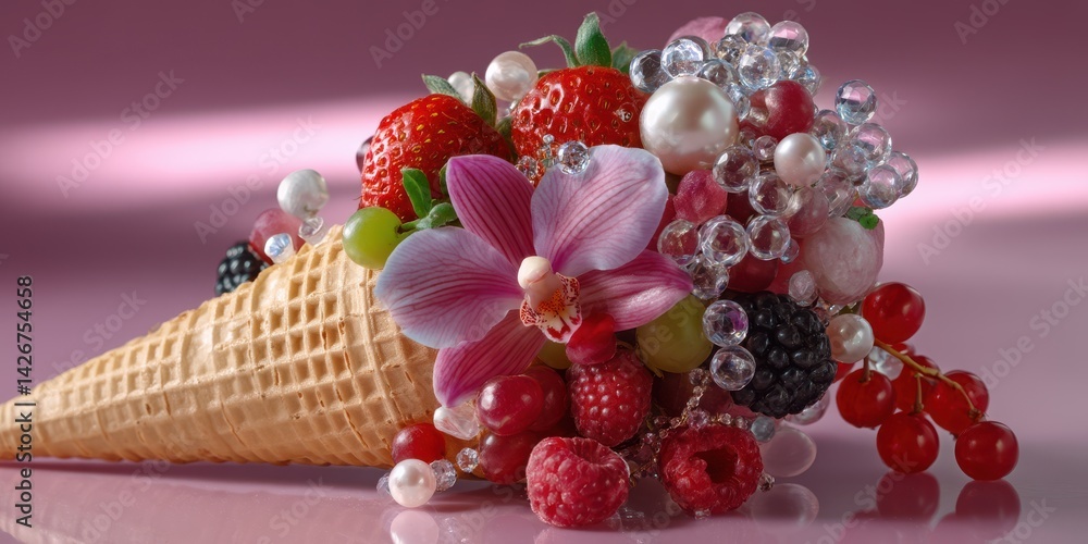 Pink Orchid and Berry Arrangement in Waffle Cone Pink Orchid and Berry Arrangement in Waffle Cone