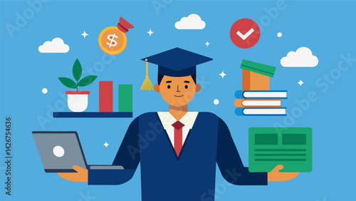 A recent college graduate taking on side jobs and freelance work to save extra money for loan payments.. Vector illustration