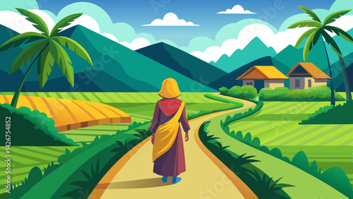 Serene Rural Landscape with Lush Rice Paddies, Woman Walking, Volcano Backdrop - Tranquil Scenic View