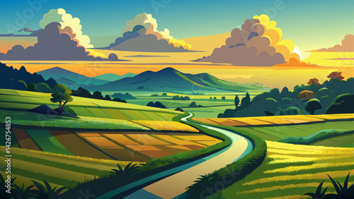 Scenic Rural Landscape at Sunset – Serene Rice Paddies, Winding Road & Golden Sky