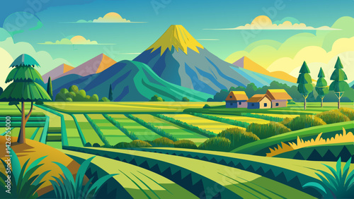 Serene Rural Landscape with Volcanic Mountain, Rice Paddies, and Traditional Village Scene