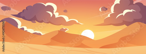 Sunset horizon landscape vector Anime illustration, desert surface with hills evening view, sky with clouds and sunshine
