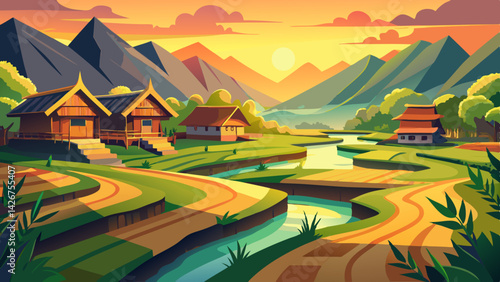 Serene Asian Village Landscape Painting – Rice Paddies, Canals & Rural Life