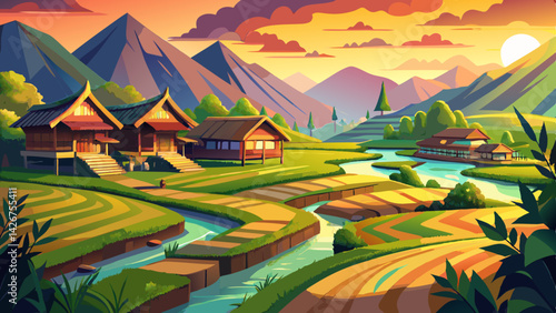 Serene Asian Village Landscape Painting – Rice Paddies, Canals & Rural Life