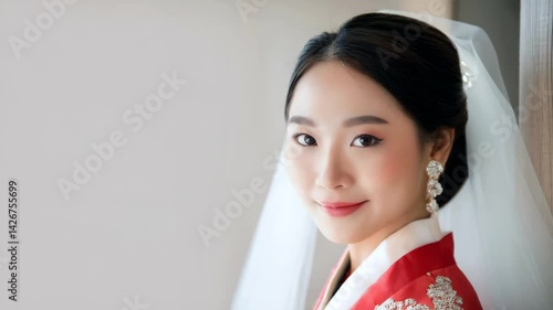 beautiful Korean bride in traditional wedding attire looks gracefully, Korean wedding, a white bridal veil, Asian weddings, cultural celebrations, femininity, love, bridal fashion