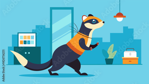 A curious Ferret exploring the office with its fitness tracker attached to its harness amusing its coworkers with its playful antics.. Vector illustration