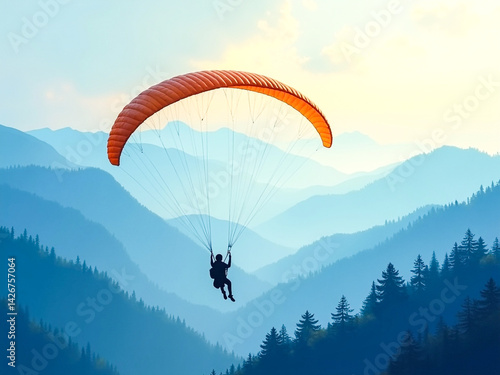 High-resolution painting of a solo paraglider over misty mountains with golden hour light and freedom