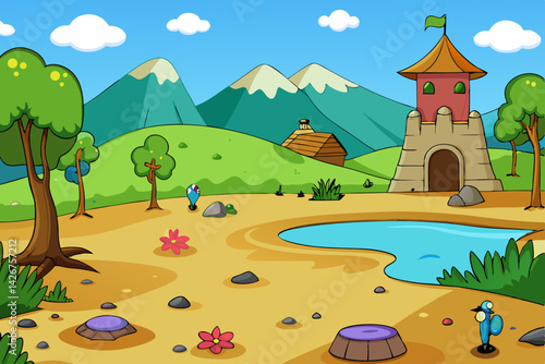 Cartoon landscape with castle trees mountains and blue sky nature background vector illustration