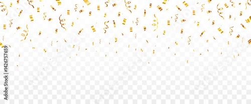 Gold confetti. Confetti celebration party background design, Falling shiny golden confetti Celebration decoration on transparent background. Carnival ribbons, confetti,