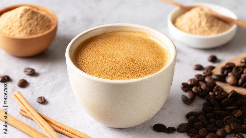 Fototapeta premium Warm cup of aromatic coffee surrounded by spices and coffee beans on a textured surface