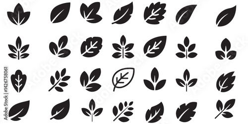 set of black vector simple leaf line icons outlines silhouettes