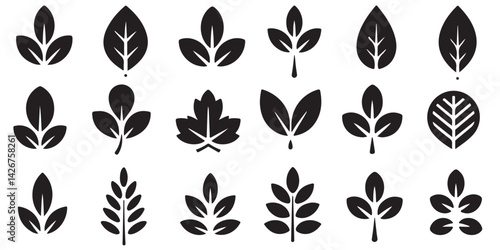 set of black vector simple leaf line icons outlines silhouettes
