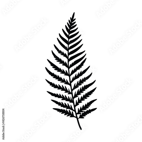 Minimalist black fern leaf silhouette single frond isolated on white background for design element