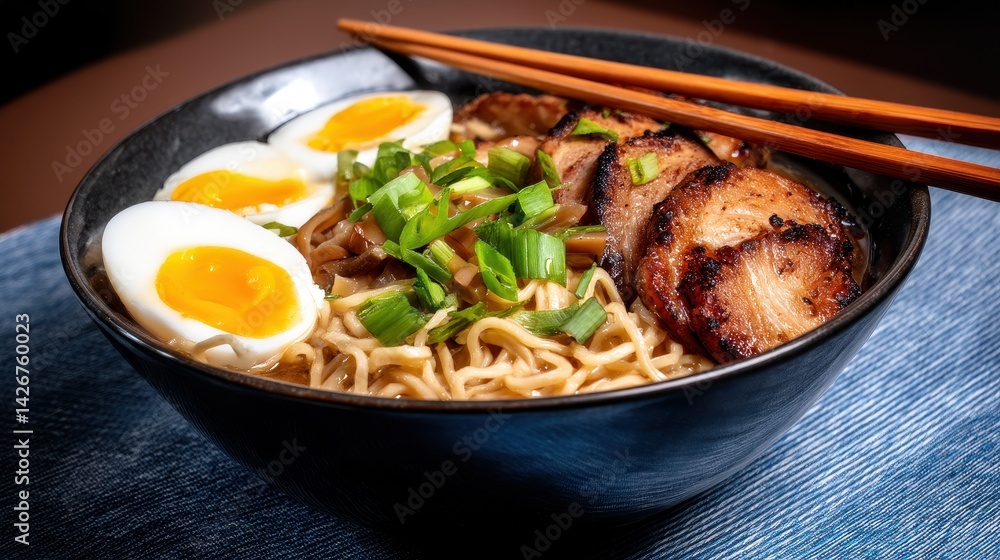 Delicious bowl of ramen with pork, eggs, and green onions, beautifully presented on a table Delicious bowl of ramen with pork, eggs, and green onions, beautifully presented on a table