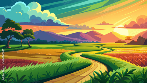 Scenic Rural Landscape at Sunset – Serene Rice Paddies, Winding Road & Golden Sky