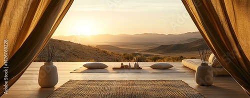 Outdoor wellness and mindfulness retreat. A tranquil setting with a stunning sunset view through fabric drapes, showcasing serenity and relaxation in nature.