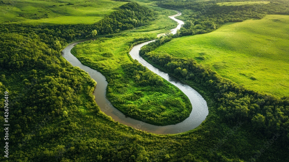 Aerial view of a winding river flowing through lush green landscapes. Aerial view of a winding river flowing through lush green landscapes.