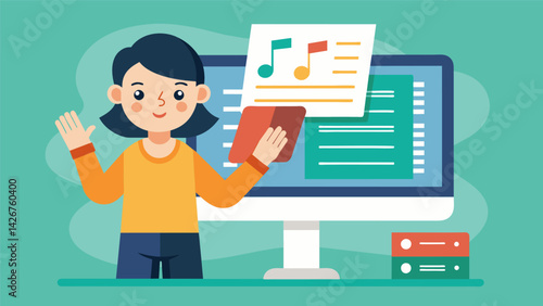 A student learning how to read sheet music through interactive games and exercises on a computer or tablet.. Vector illustration