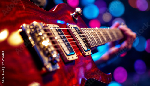 Close-up of a red electric guitar being played, with bokeh lights in the background.