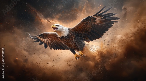 Powerful eagle soaring through dramatic storm