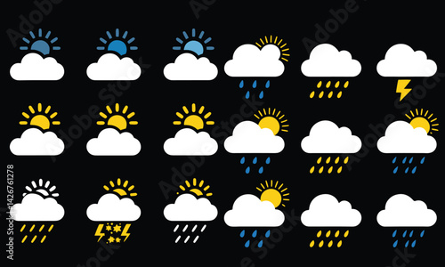 Set of weather icons flat vector design , Contains symbols of the sun, clouds, snowflakes, wind, rainbow, moon and much more flat vector