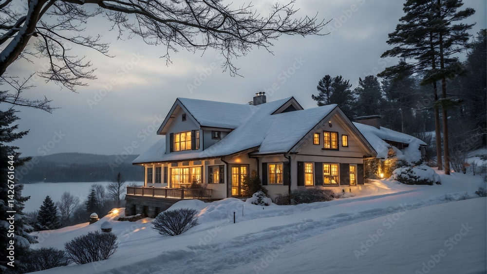 A wooden house surrounded by snowy mountains and trees in a winter landscape. A wooden house surrounded by snowy mountains and trees in a winter landscape.