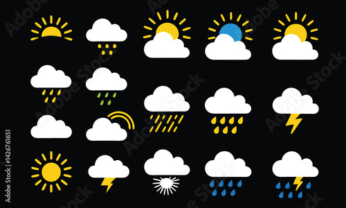 Set of weather icons flat vector design , Contains symbols of the sun, clouds, snowflakes, wind, rainbow, moon and much more flat vector