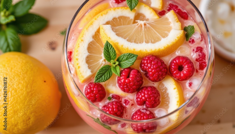 Refreshing summer delight, closeup of raspberry and lemon infused iced beverage Refreshing summer delight, closeup of raspberry and lemon infused iced beverage