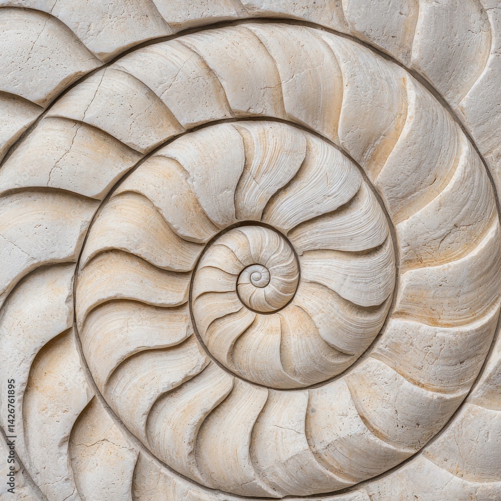 Obraz premium A beautifully carved spiral shell style, showcasing intricate patterns and textures in a natural stone finish.