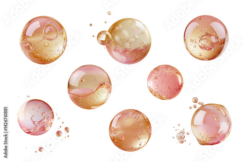 Golden pink oil bubble with photorealistic details and a glossy finish on transparent background