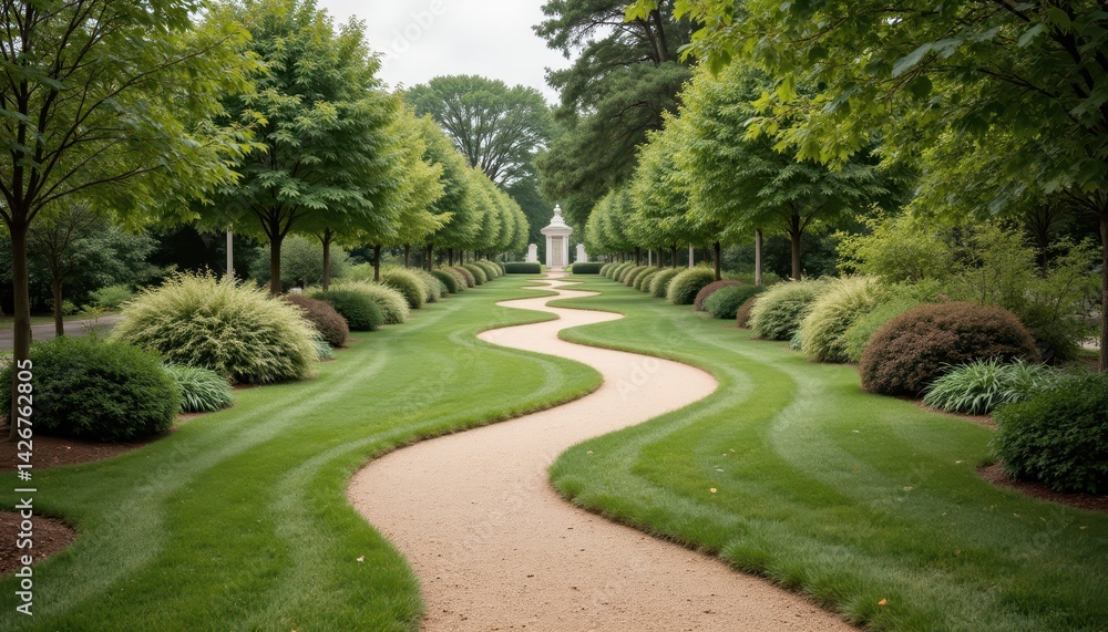 Tranquil pathway through a lush green park, scenic escape into nature's beauty Tranquil pathway through a lush green park, scenic escape into nature's beauty