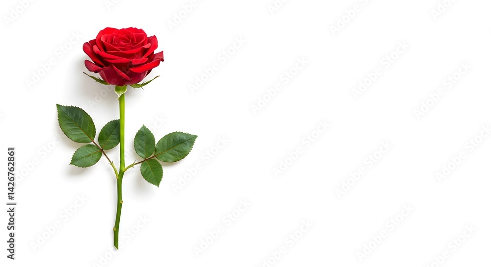 Fototapeta premium Red single rose on white background for love and romantic occasions with copy space area