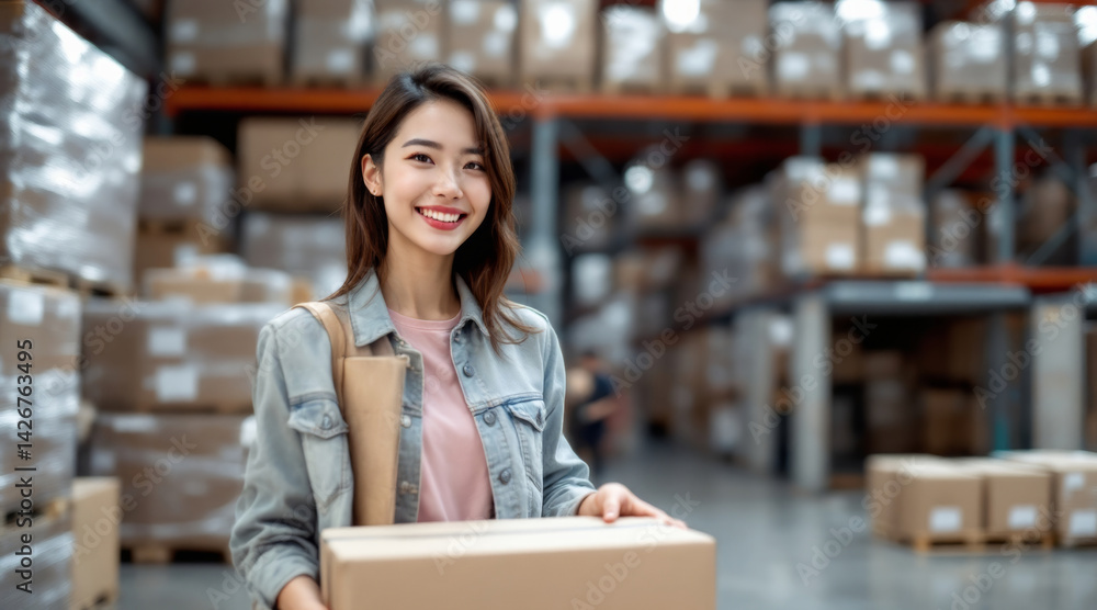 cheerful young woman is smiling while holding cardboard box in warehouse filled with stacked packages. environment is organized and well lit, showcasing busy logistics setting cheerful young woman is smiling while holding cardboard box in warehouse filled with stacked packages. environment is organized and well lit, showcasing busy logistics setting