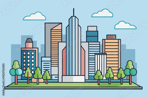 A vector illustration shows an urban cityscape with buildings under a cloudy sky, a city in a city landscape design