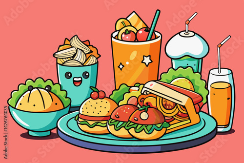 Fast food icons set features cartoon hamburger, pizza, and hotdog vector illustrations for a quick meal
