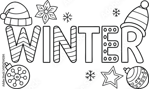 Winter word coloring page with holiday ornaments, snowflake, star and santa hat