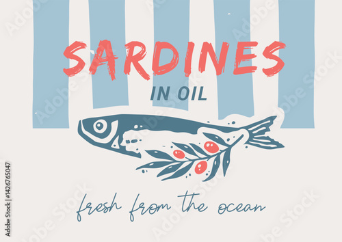 Horizontal Coastal Poster A3 with Sardine and Olive Branch Silhouettes