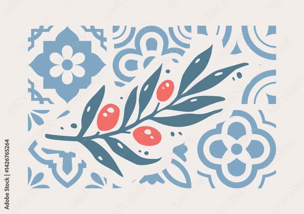 Obraz premium Olive Branch Silhouette on Mediterranean Blue Tile