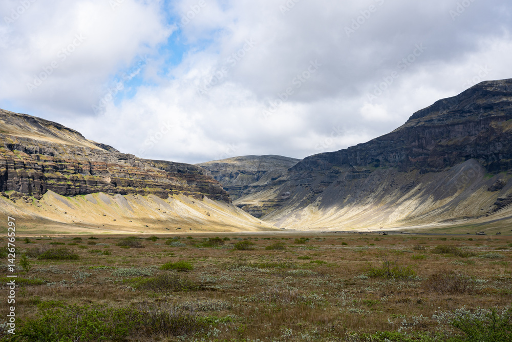 Remote Icelandic valley flanked by multicolored volcanic cliffs, with soft sunlight filtering through clouds and sparse arctic vegetation in the foreground.