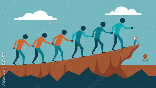 A human chain formed by teammates helping each other across a treacherous mud pit.. Vector illustration