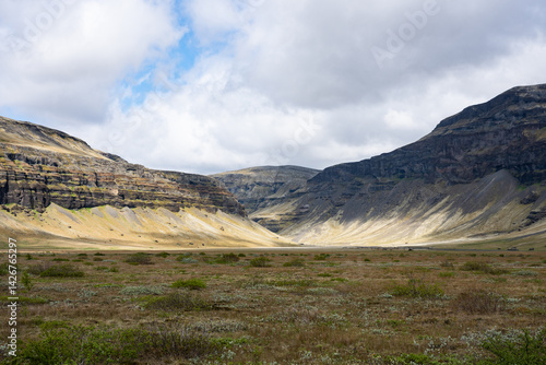Obraz na płótnie Remote Icelandic valley flanked by multicolored volcanic cliffs, with soft sunlight filtering through clouds and sparse arctic vegetation in the foreground. w salonie