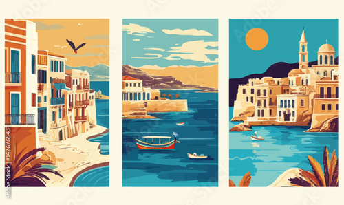 Retro European Travel Posters: Crete, Rethymno, Greece, and Valetta, Malta Summer Destinations