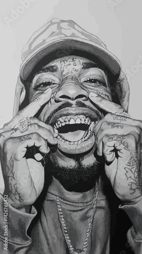 Monochrome Rapper Portrait with Grillz Highlighting Urban Street Style Art